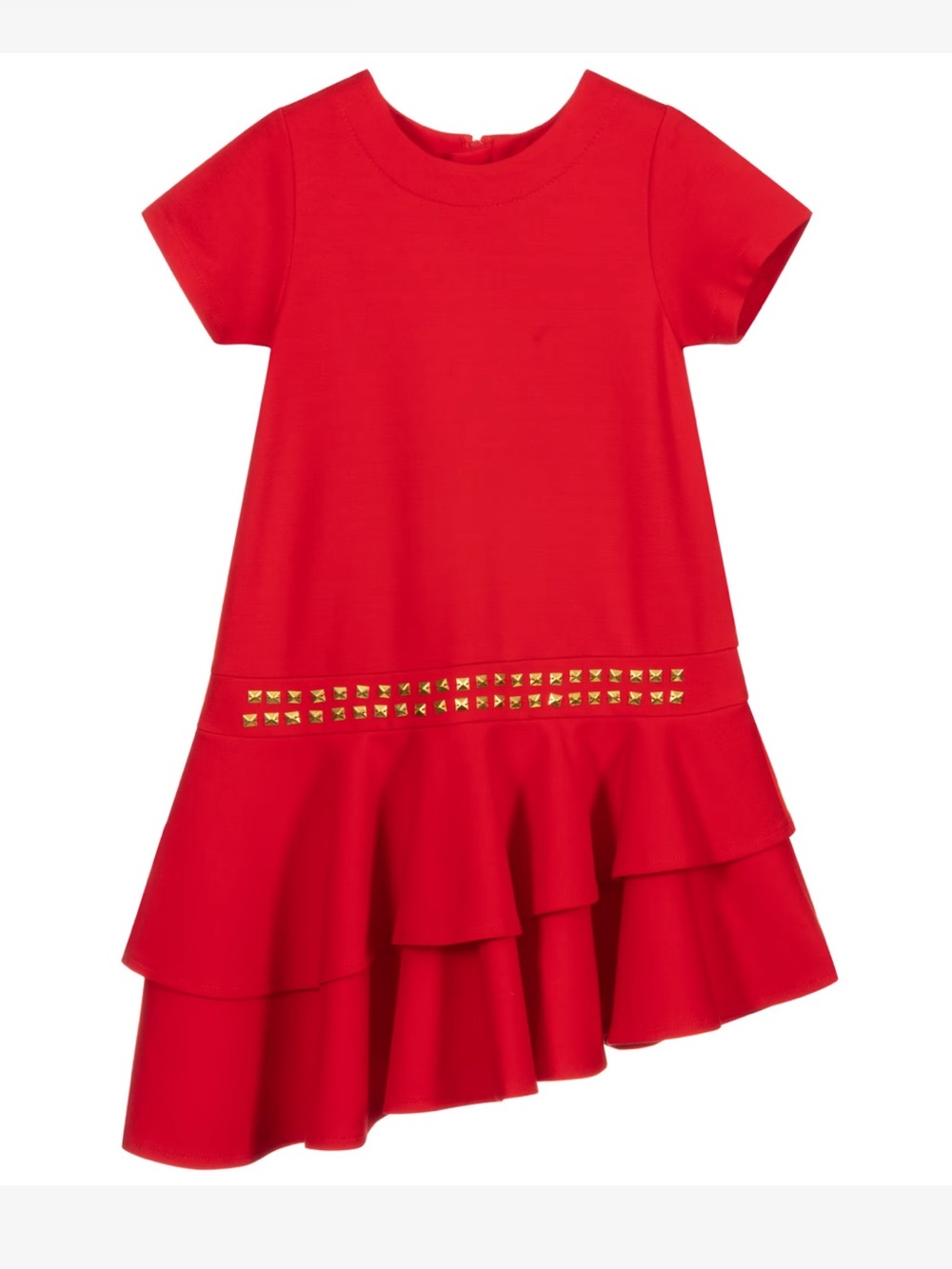 deux par deux Red Short-Sleeve Ruffle Hem Dress with Gold Studs